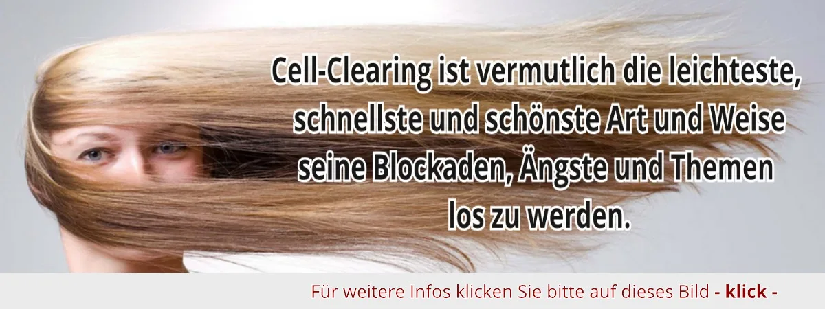 Werbebanner für Cell-Clearing mit Frauengesicht und Text über Blockaden-Auflösung