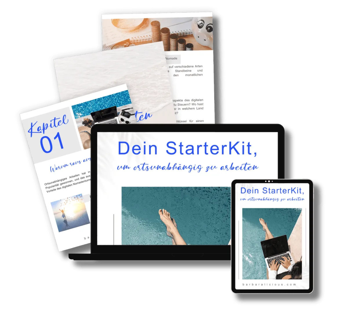 Escape the Office – Videokurs zum Online-Business von Barbara Riedel 10 Starter Kit Mockup mit Kapiteln, eBooks und digitalen Produkten auf verschiedenen Geräten