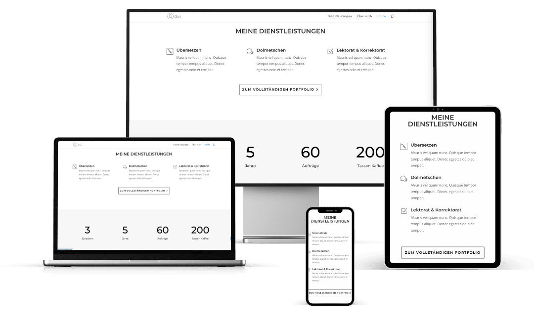 Escape the Office – Videokurs zum Online-Business von Barbara Riedel 8 Responsive Mockup eines Portfolios mit Meine Dienstleistungen Sektion auf Desktop, Tablet und Smartphone