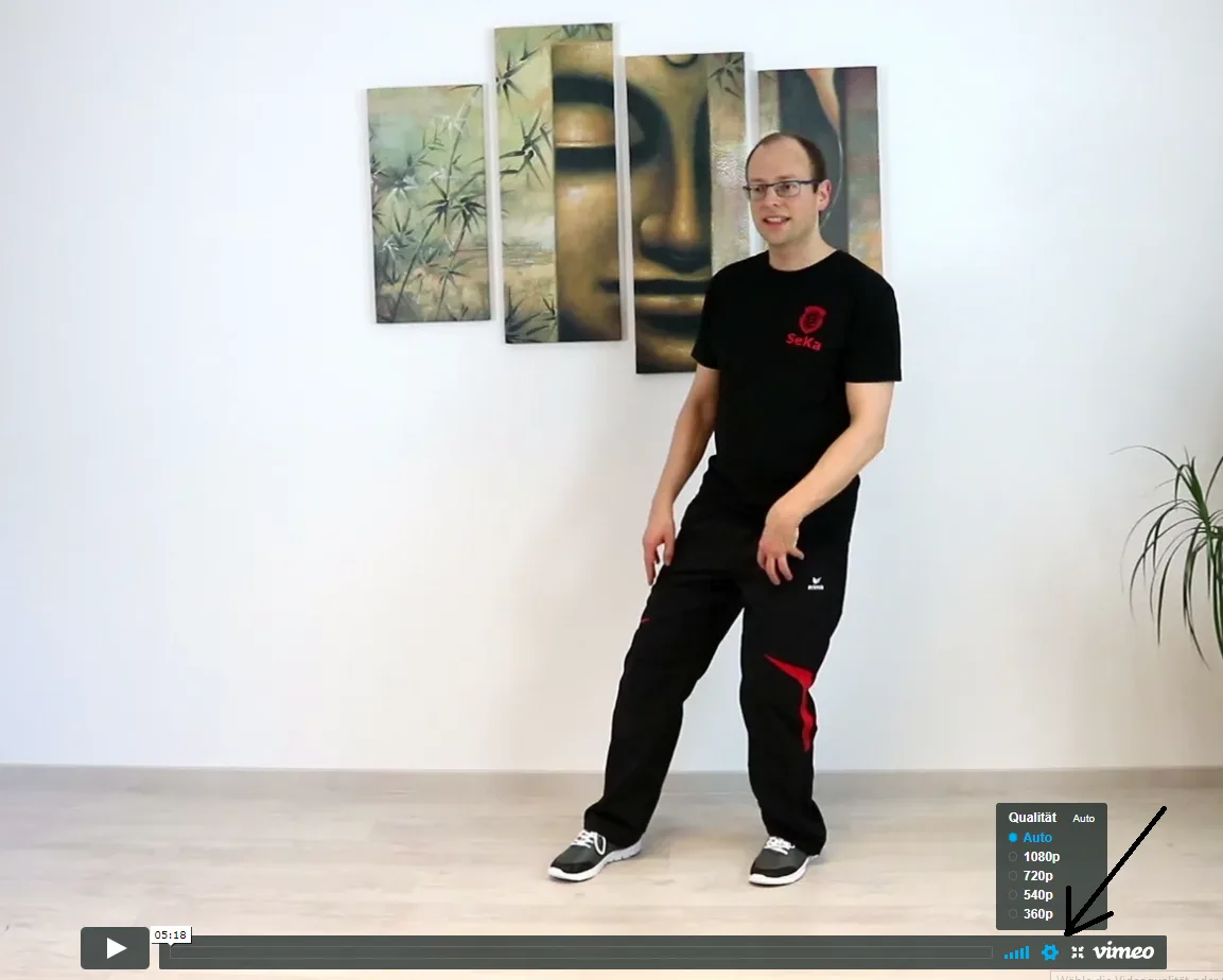 Videostandbild eines Eskrima-Kurses mit Qualitätsauswahl-Menü, Mann in schwarzem Seka-Trainingsanzug