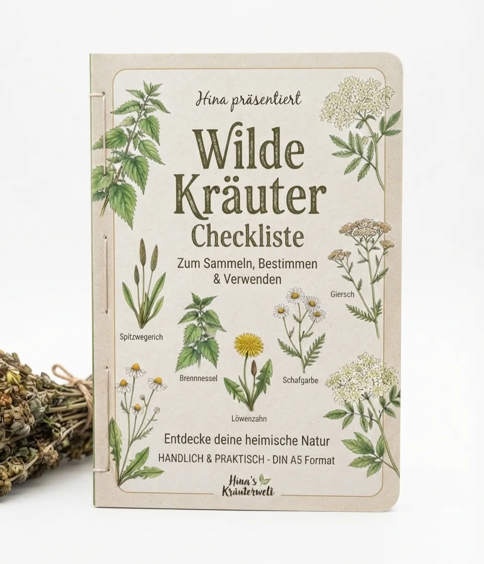 Wilde Kräuter Checkliste Buch Cover mit Wildpflanzenillustrationen und Beispielkräutern