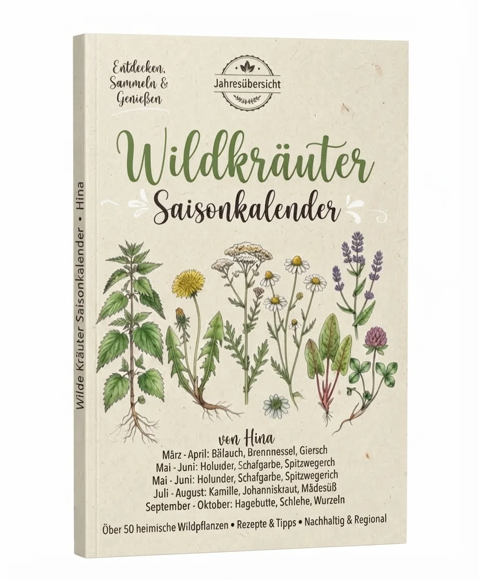Wildkräuter Saisonkalender Buch Cover mit Wildpflanzenillustrationen und Jahresübersicht