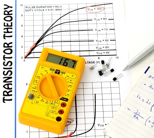 Digitales Multimeter zeigt Transistor-Messwert neben Transistor-Kennlinie und Schaltskizzen