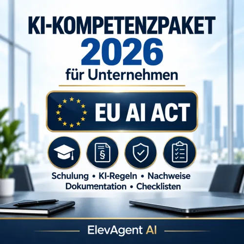 KI-Kompetenzpaket 2026 für Unternehmen – EU AI Act Schulung mit Icons für Schulung, KI-Regeln, Nachweise und Checklisten von