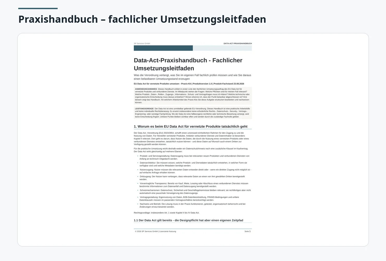 Erste Seite des Praxishandbuchs zum fachlichen Umsetzungsleitfaden für den EU Data Act