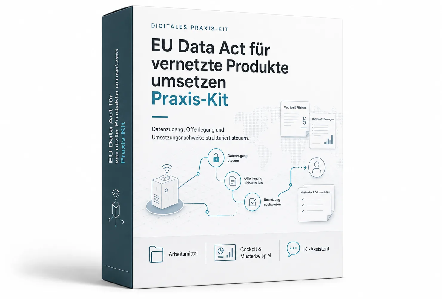 Produktbox EU Data Act Praxis-Kit mit dunkelblauem Seitenstreifen, zeigt vernetzte Geräte und Datenfluss-Diagramm