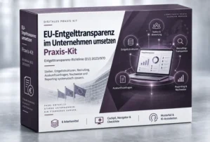 Produktverpackung EU-Entgelttransparenz im Unternehmen umsetzen Praxis-Kit mit Laptop und Icons