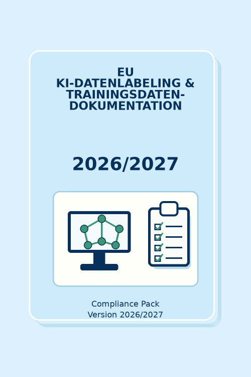 Cover EU KI-Datenlabeling & Trainingsdaten-Dokumentation 2026/2027 Compliance Pack mit Netzwerk- und Checklisten-Icons