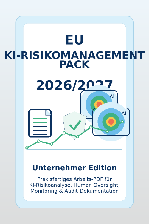 Cover des EU KI-Risikomanagement Pack 2026/2027 Unternehmer Edition mit Illustrationen zu KI-Compliance und Risikomanagement