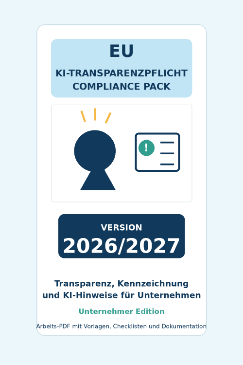 Cover EU KI-Transparenzpflicht Compliance Pack 2026 Unternehmer Edition mit Glühbirnen-Icon und Checklisten-Symbol