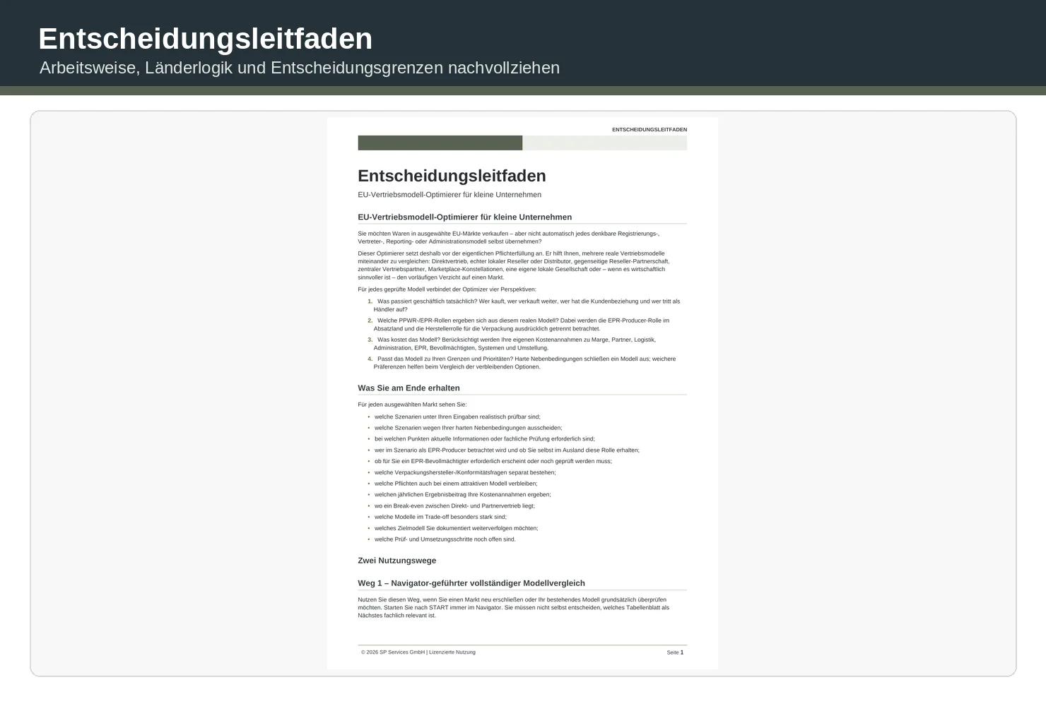 Dokumentation mit Entscheidungsleitfaden für Vertriebsmodell-Auswahl