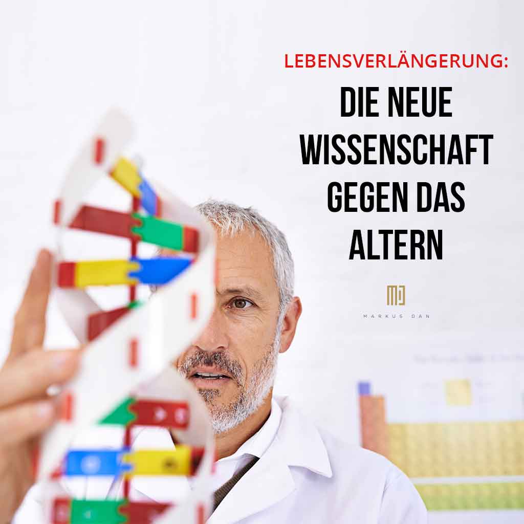 Cover EverLife-Formel mit Mann haltend DNA-Helix-Modell und Textüberlagerung