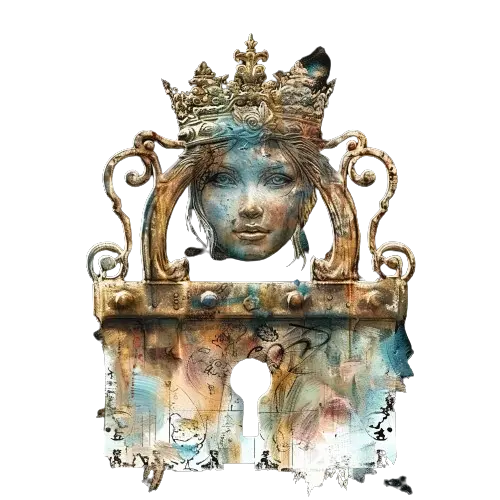Kunstvolle Illustration einer Königin mit Krone und Schlüsselloch-Motiv, Mixed-Media-Stil in Gold, Blau und Weiß