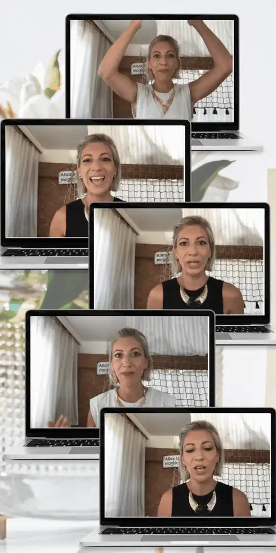 Montage von fünf Video-Standbildern der Kursleiterin Anneli Eick auf Laptop-Displays