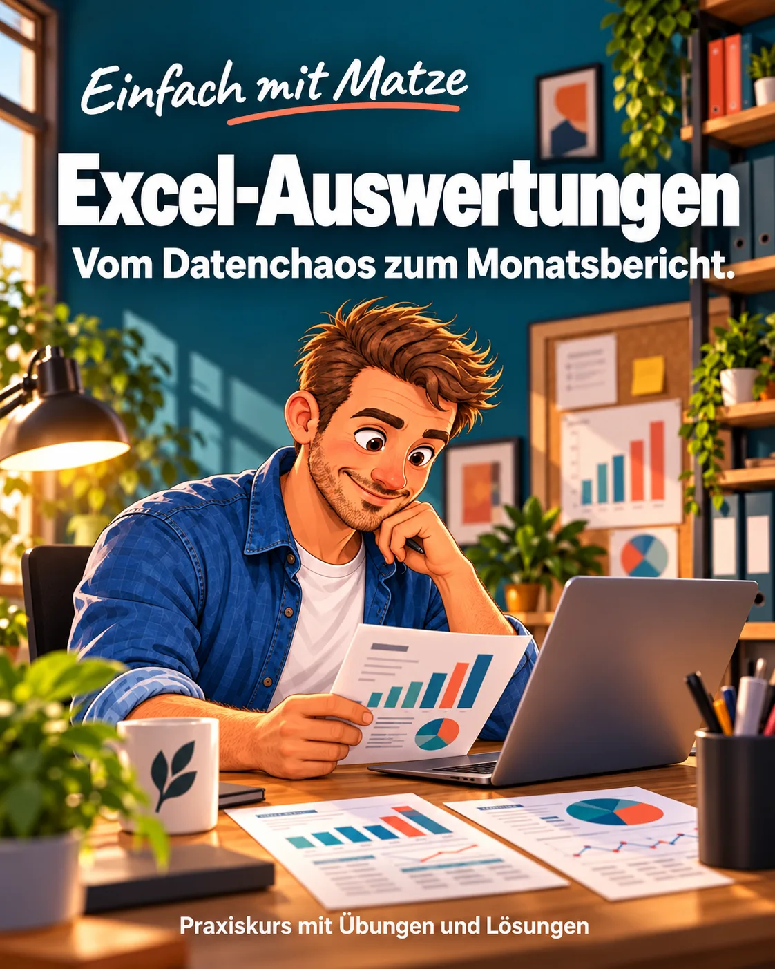 Excel-Auswertungen Kurscover mit Matze am Schreibtisch mit Diagrammen und Laptop