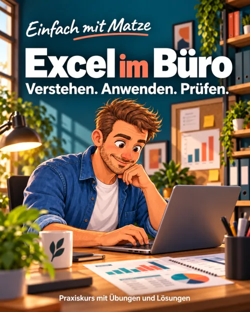 Excel im Büro – Tabellenkalkulations-Praxiskurs von Einfach mit Matze 1 Cover Excel im Büro mit Mann am Laptop in modernem Büro