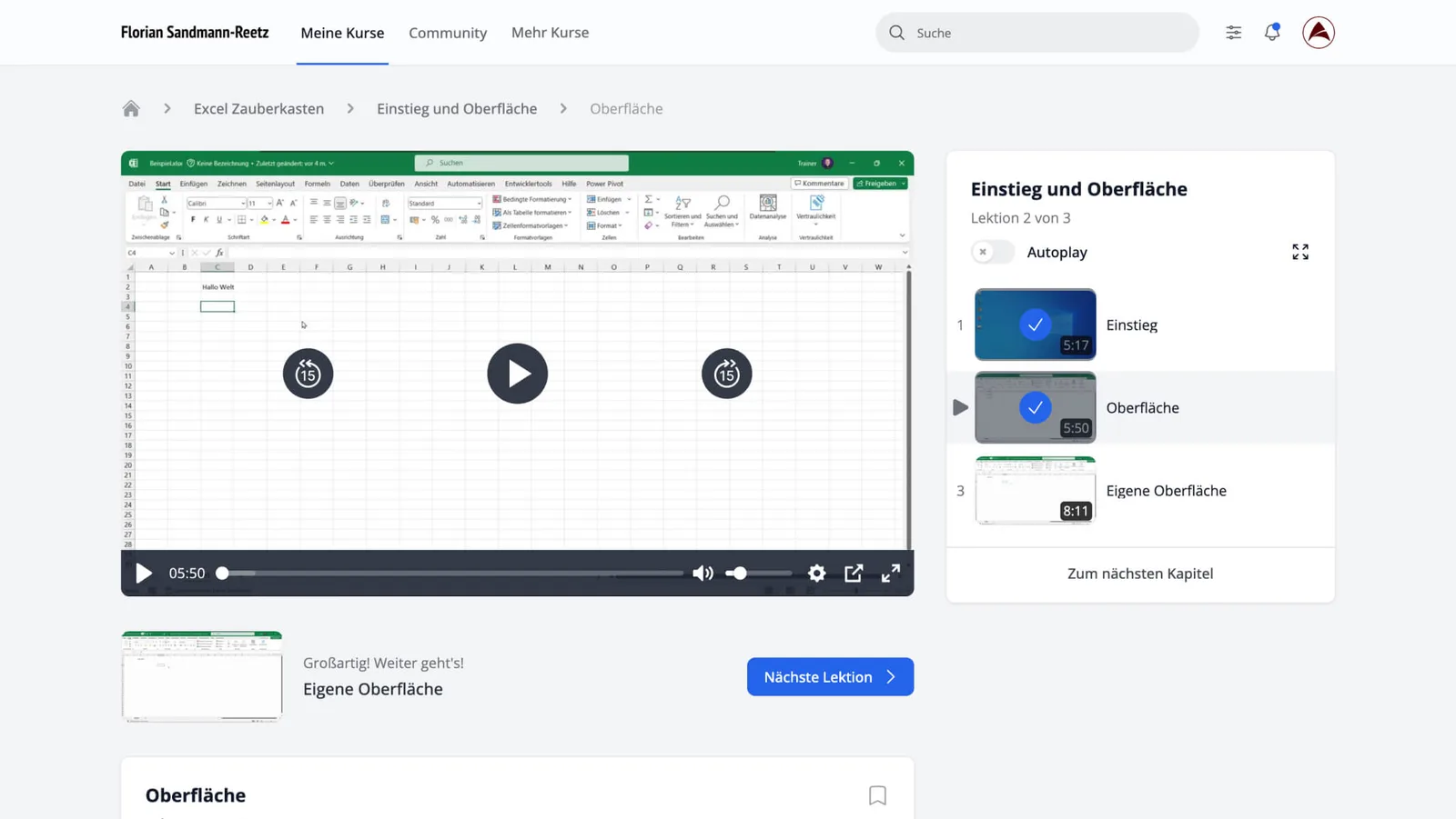 Screenshot Lektion Einstieg und Oberfläche mit Videoplayer und Kapitelübersicht