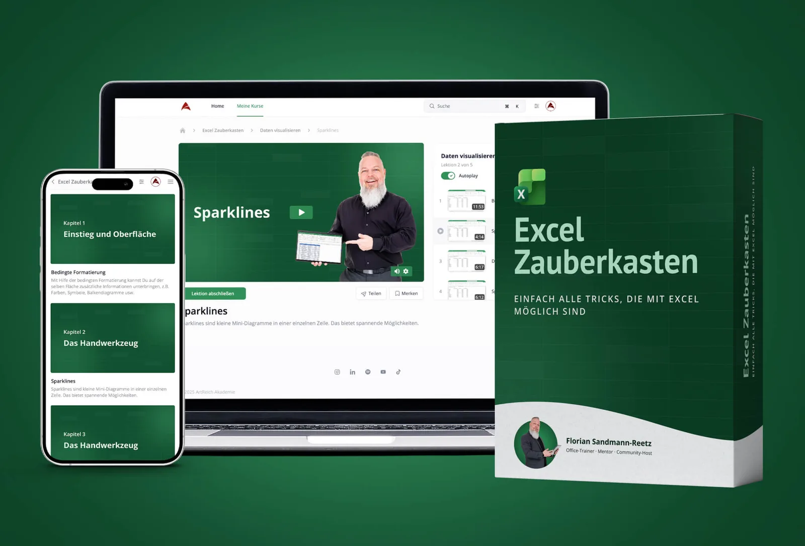 Produktmockup Excel Zauberkasten mit Laptop, Smartphone, Kursplattform und Produktbox
