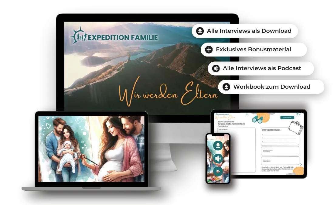 Expedition Familie – Videokurs für werdende Eltern 1 Mockup des Premium-Pakets Expedition Familie mit Hero-Image einer Berglandschaft, Logo und vier Bonus-Elementen auf verschied