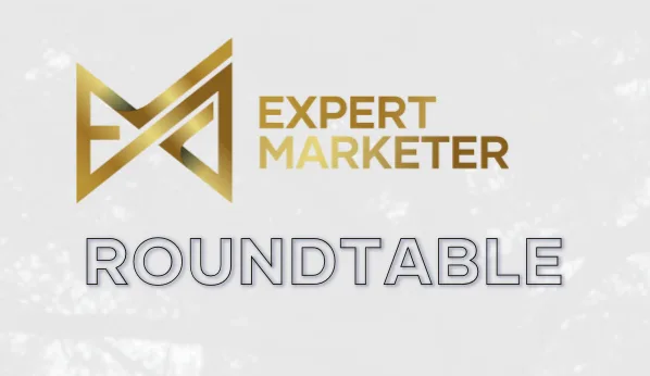 Expert Marketer Roundtable Titelbild mit goldenem Logo und Textzeilen auf Grau