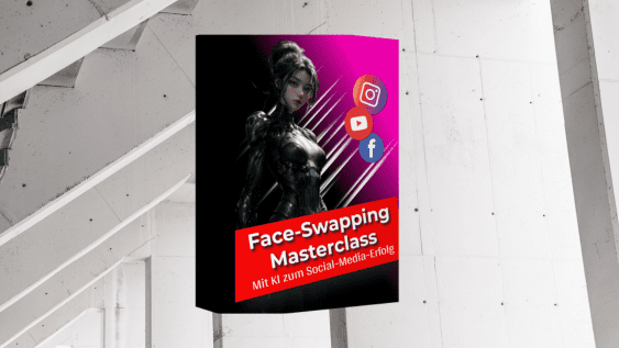 Face-Swapping Masterclass Kursbox an weißer Wand mit Treppen, perspektivische Ansicht des 3D-Mockups