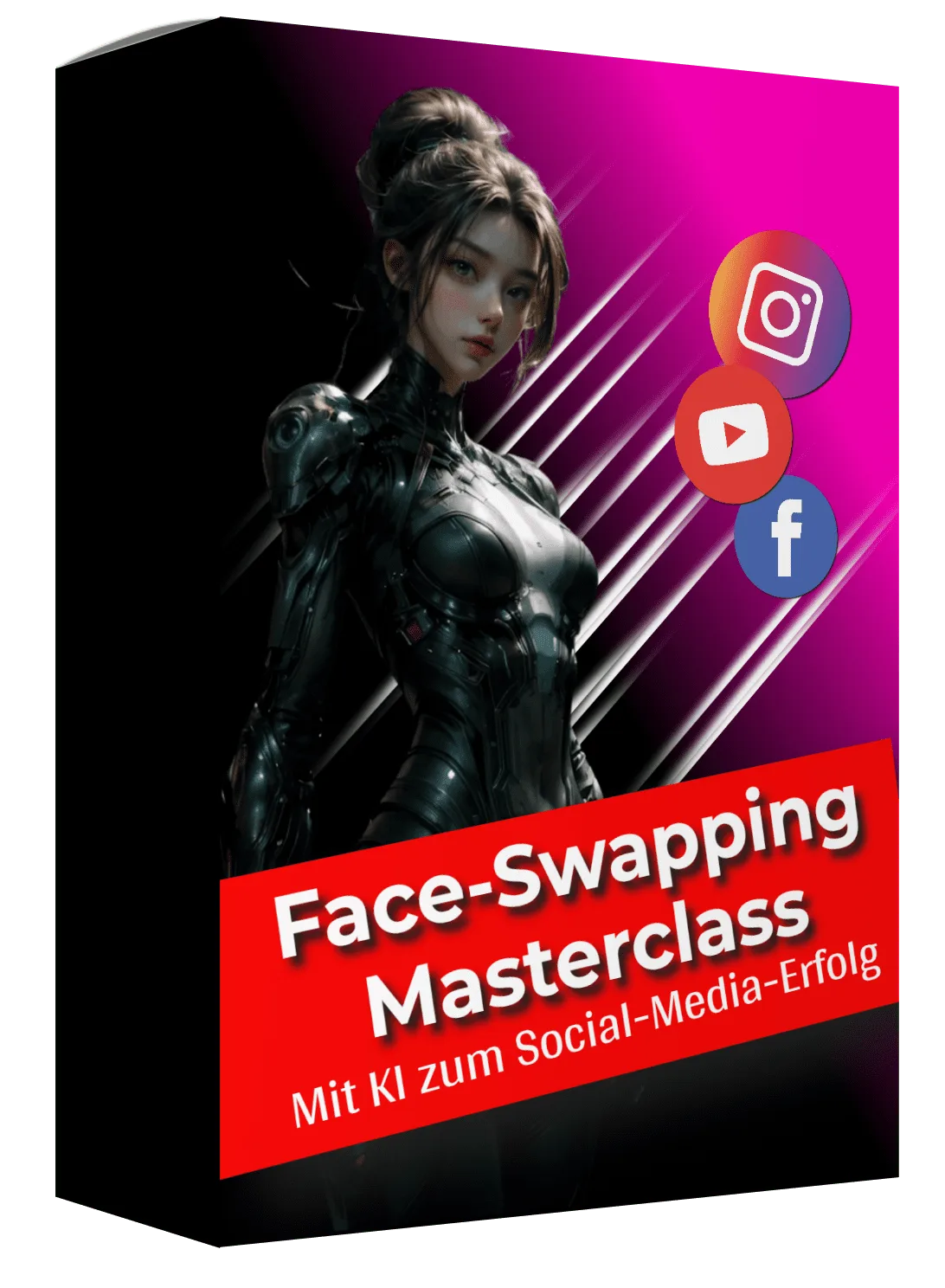 Face-Swapping Masterclass Produktbox mit KI-generierter Frau in schwarzer futuristischer Rüstung auf magentafarbenem Hintergr