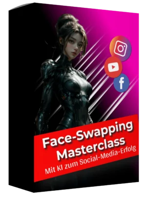 Face-Swapping Masterclass Produktbox mit KI-generierter Frau in schwarzer futuristischer Rüstung auf magentafarbenem Hintergr