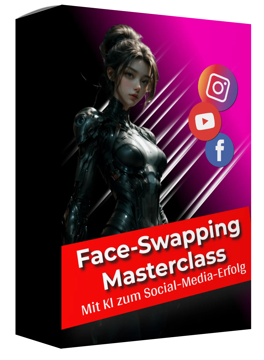 Face-Swapping Masterclass Produktbox mit KI-generierter Frau in schwarzer futuristischer Rüstung auf magentafarbenem Hintergr