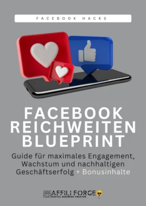 Facebook Reichweiten Blueprint E-Book Cover mit 3D Smartphone und Engagement-Symbolen
