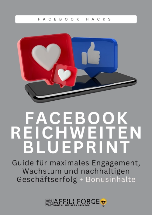 Facebook Reichweiten Blueprint E-Book Cover mit 3D Smartphone und Engagement-Symbolen