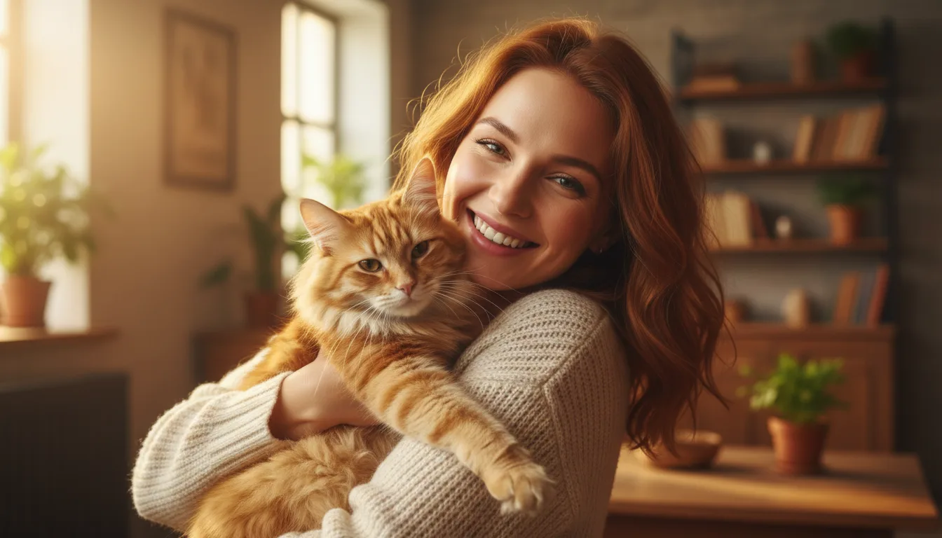 Frau mit roten Haaren hält orange Katze strahlend lächelnd