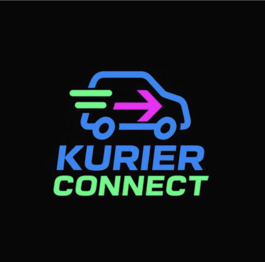 Fahrzeugüberführung Einsteiger Kurs von Kolja Kramer 1 Kurier Connect Logo mit blauem Lieferwagen, grünen Streifen und pinkem Pfeil auf schwarzem Hintergrund