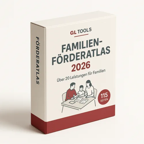 Produktabbildung Familien-Förderatlas 2026 von GL Tools, kleineres Produktmockup der Hardcover-Box mit cremefarbenem Design u