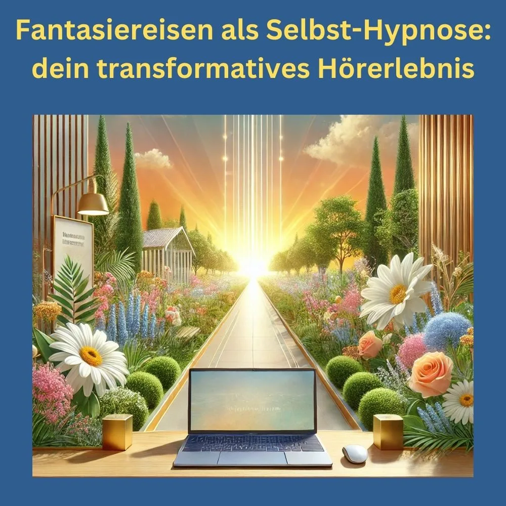 Hero-Bild mit Laptop auf Schreibtisch vor Traumlandschaft mit Blumen und Weg ins Licht