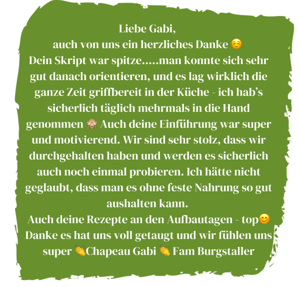 Kundenstimme auf grünem Hintergrund von Gabi und anderen Teilnehmern mit Danktext