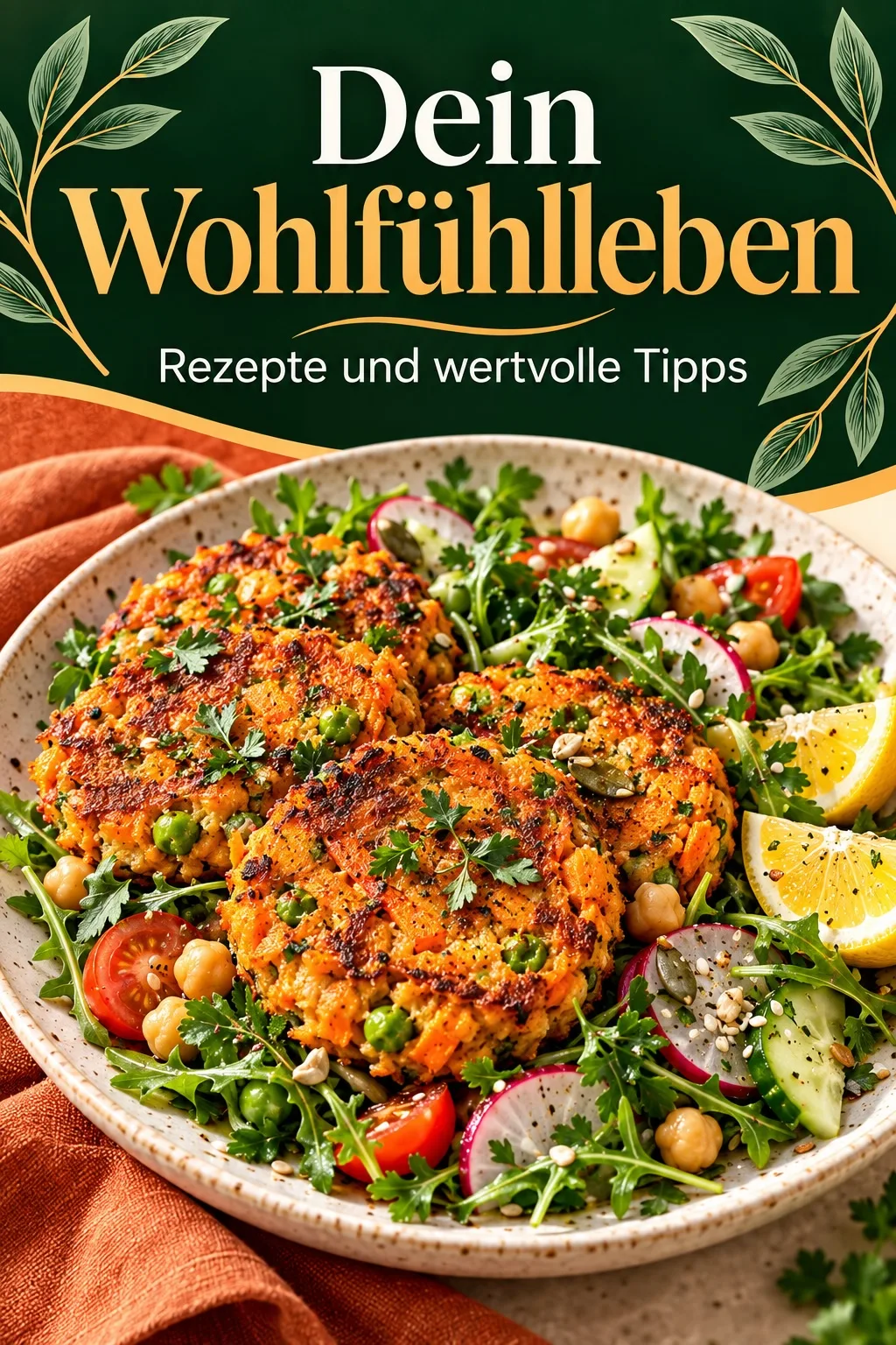E-Book Cover mit goldener und grüner Dekoration, Spinat-Rollen auf Salat mit Zitrone und Kichererbsen