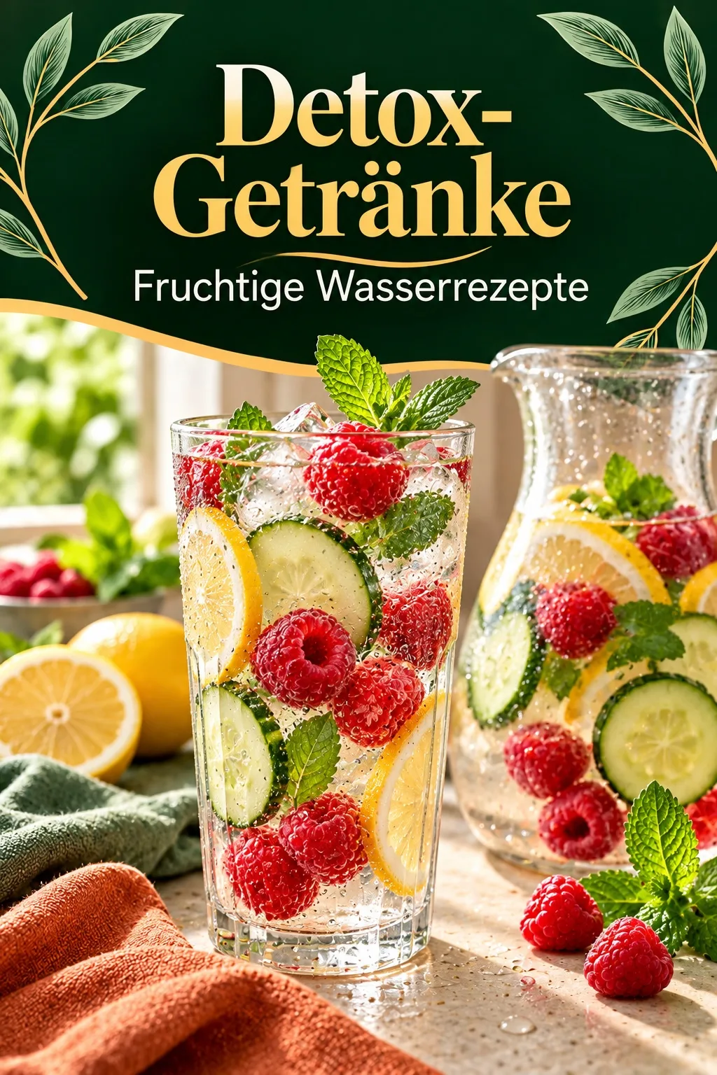 E-Book Cover Detox-Getränke mit Glas voll Wasser, Himbeeren, Zitrone und Gurke, grüner Hintergrund