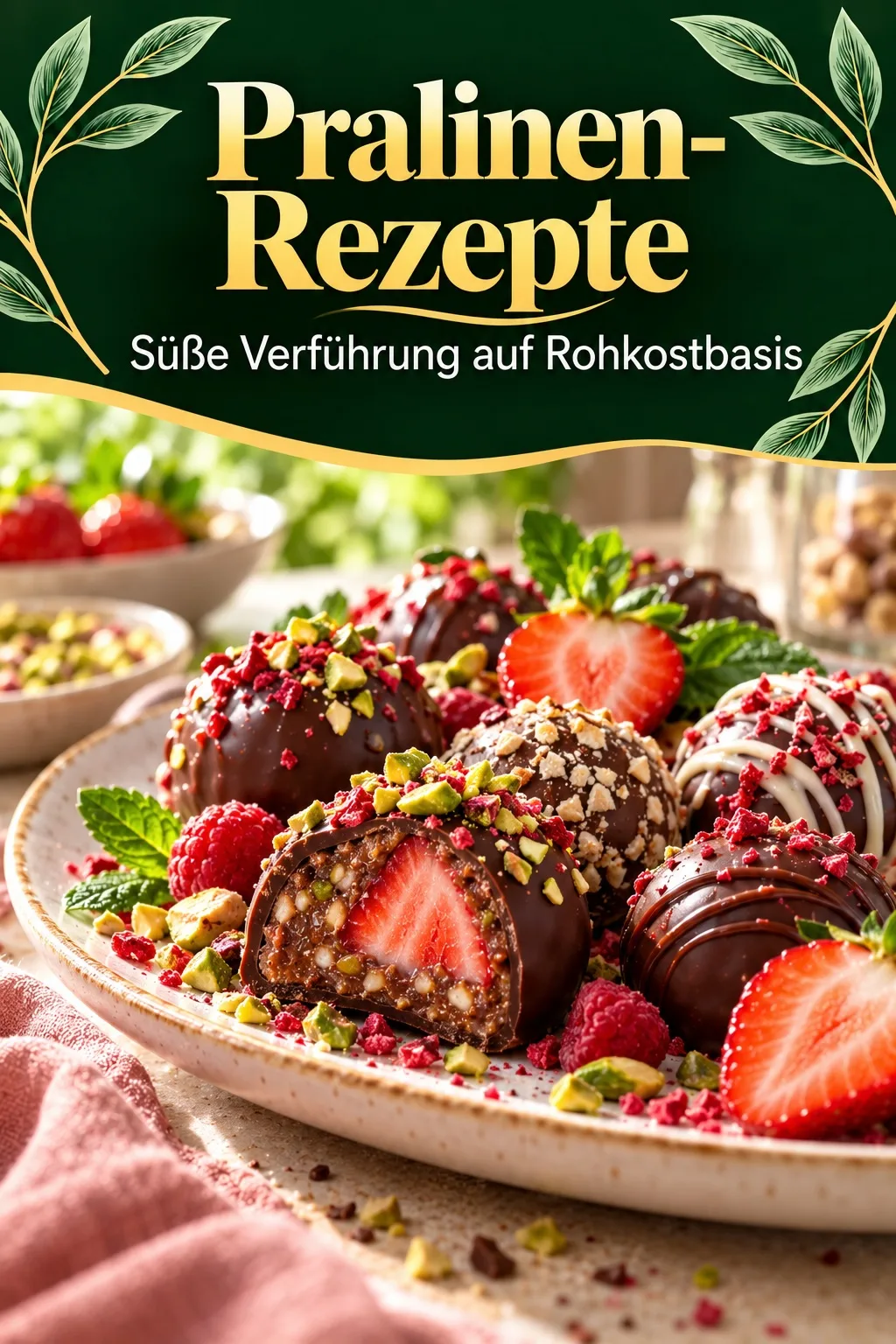 Pralinen-Rezepte Cover mit schokoladenbezogenen Erdbeerpralinen und Pistazien