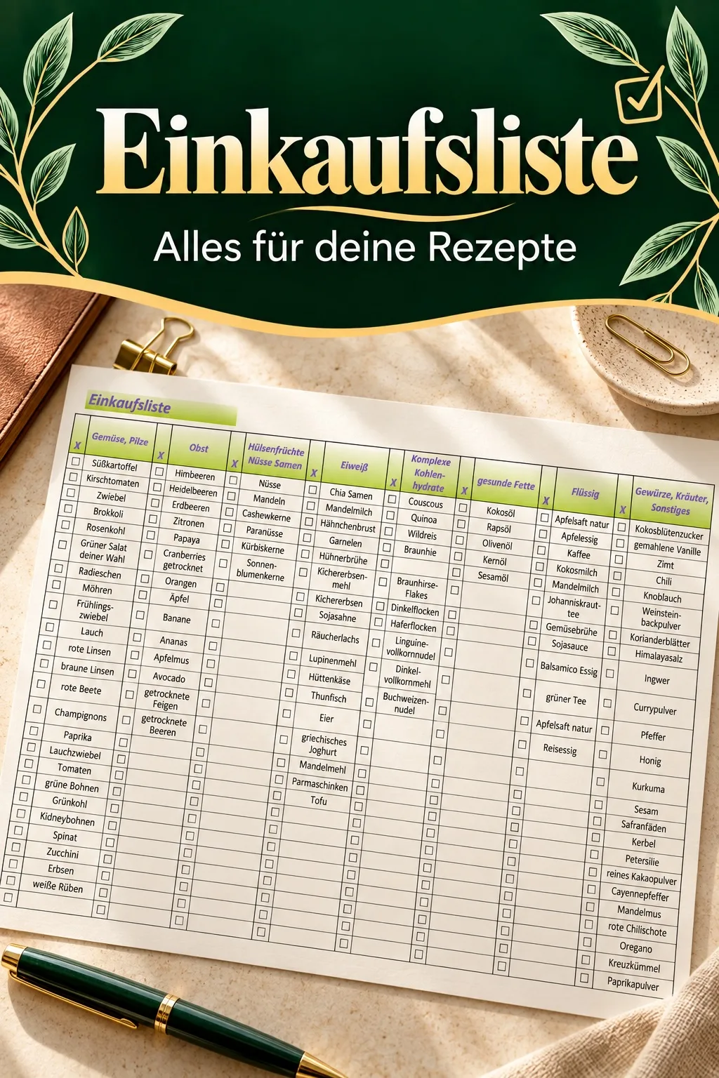 Einkaufsliste für Rezepte mit Kategorien und Kästchen zum Abhaken