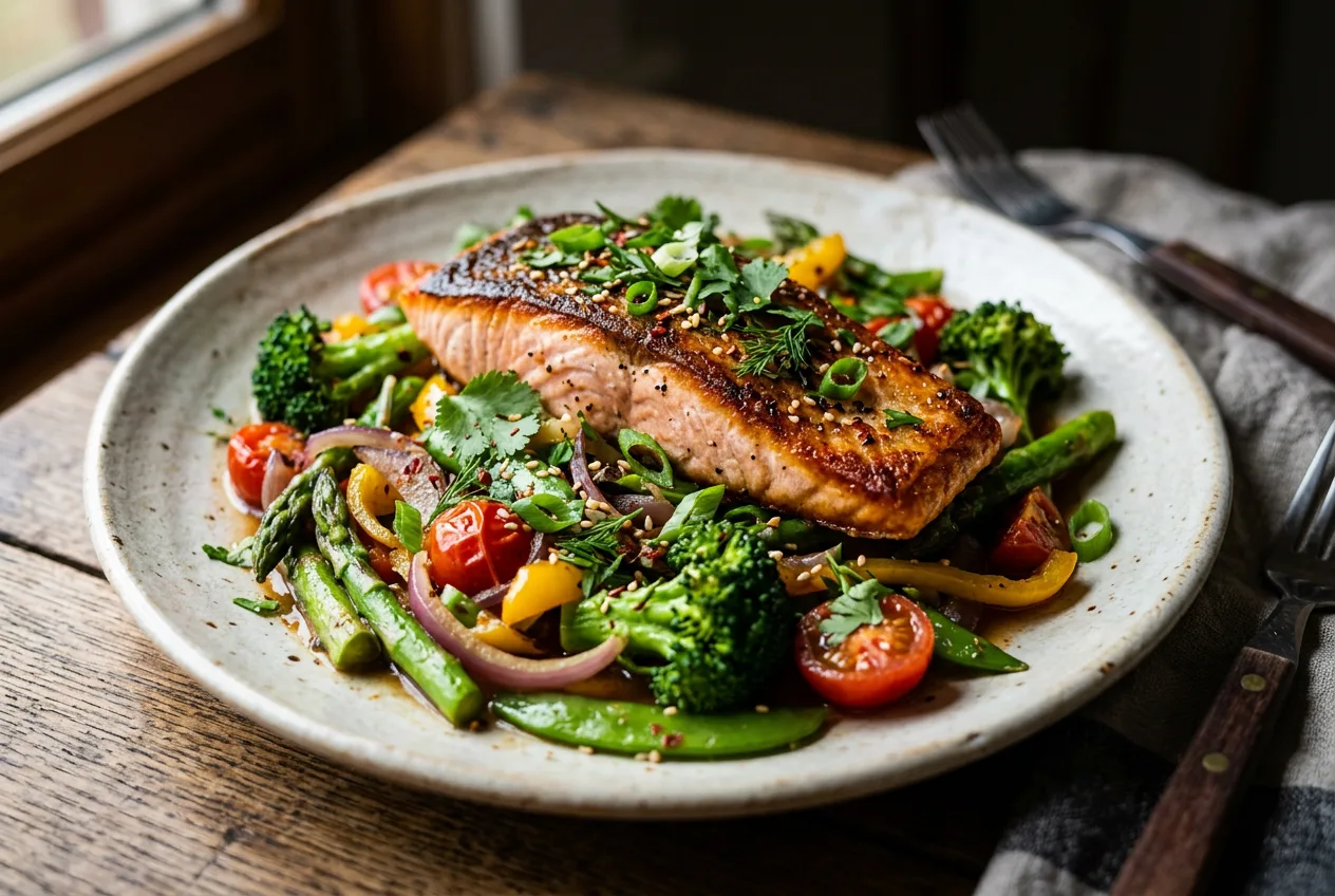Gebratener Lachs mit grünem Gemüse, Brokkoli, Paprika und Kräutern auf weißem Teller