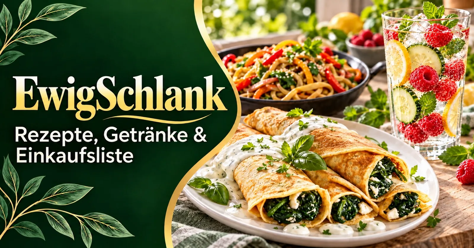 Hero-Banner EwigSchlank mit grünem Hintergrund, goldenem Logo, Spinat-Rollen auf weißem Teller, Detox-Getränk mit Himbeeren u