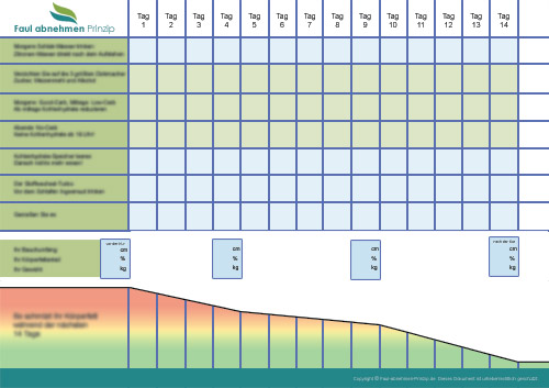 Diätplan-Screenshot mit Tracking-Tabelle und Fortschrittsgrafik für 14 Tage