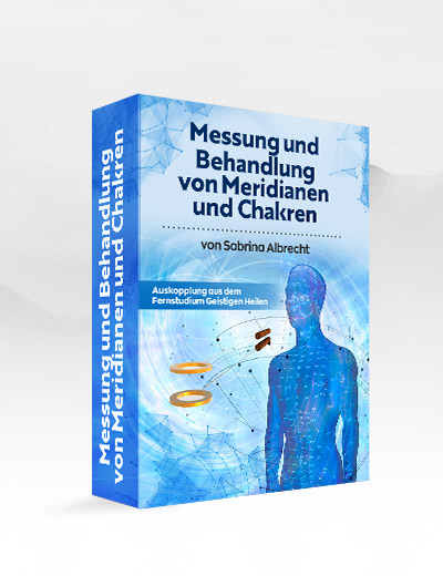 Produktbox Messung und Behandlung von Meridianen und Chakren von Sabrina Albrecht mit blauem Design und Körperdarstellung