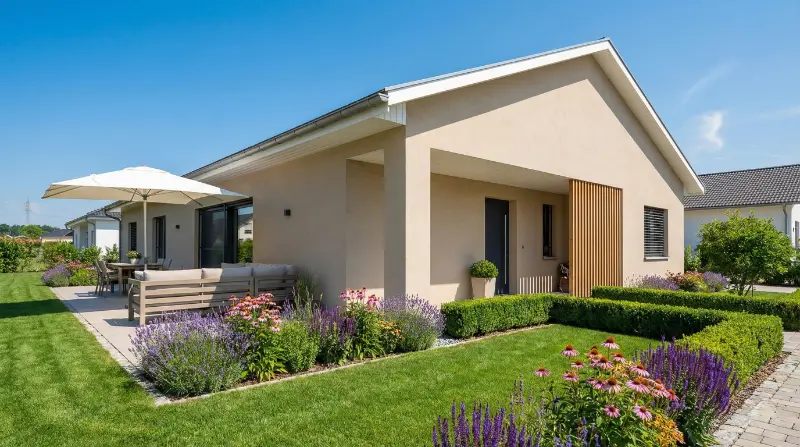 Moderner Fertighaus Bungalow mit beiger Fassade und Terrassendach