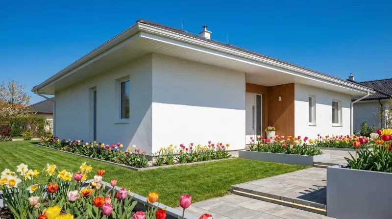 Moderner weißer Bungalow mit großzügigen Fenstern und Holzelementen, Terrasse mit Sitzmöbeln, bunte Tulpen im Vorgarten