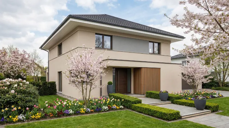 Zweistöckige moderne Stadtvilla mit Flachdach, Holzverkleidung, großen Fenstern und blühenden Kirschbäumen im Garten