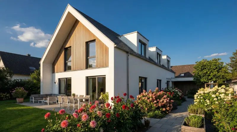 Großes Fertighaus mit Satteldach, Holzverkleidung an den Giebeln, breiter Terrasse und rotem Blütenschmuck im Vorgarten