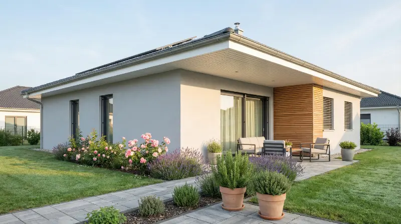Moderner beiger Bungalow mit Walmdach, großzügiger Terrasse, Holzverkleidung und roten sowie orangefarbenen Blumenpflanzungen
