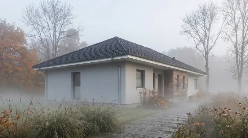 Einstöckiger Bungalow Fertighaus in nebligem Herbstgarten