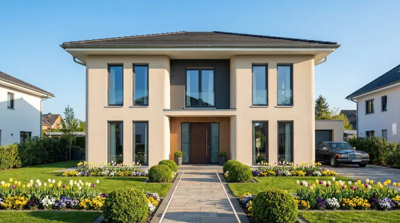 Elegante zweistöckige Stadtvilla Fertighaus mit Garagenauffahrt